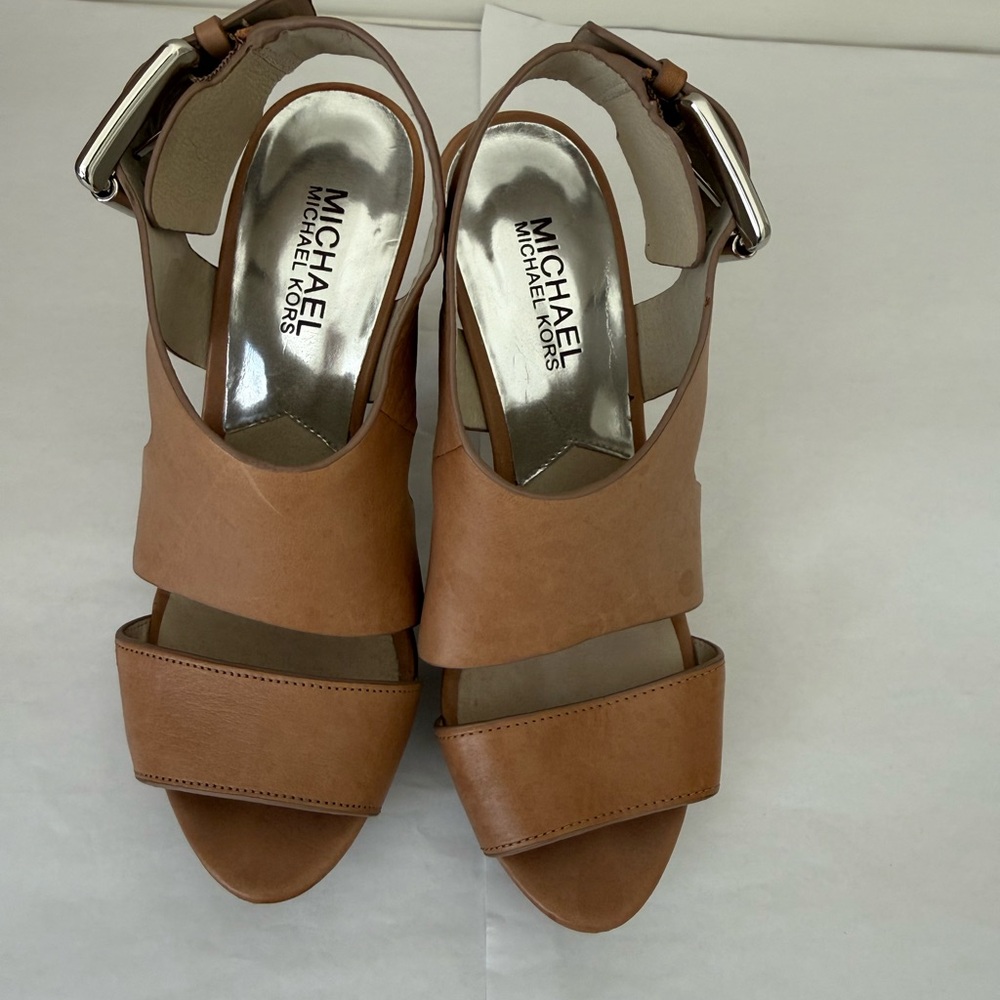 Michael Kors Brown Leather Wide-Strap Heeled Sandals